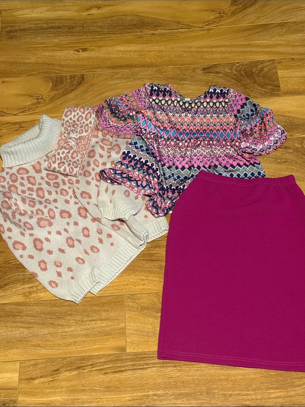Girls Pink Patterned Peplum Top & Skirt set- Unbranded